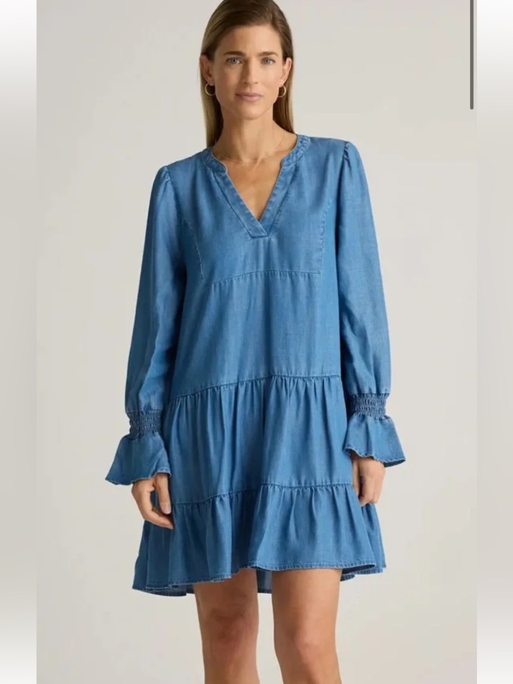 Quince Light Blue V-Neck Tiered Long-Sleeve Dress